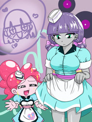 Size: 1668x2224 | Tagged: safe, artist:batipin, imported from derpibooru, maud pie, pinkie pie, equestria girls, abstract background, alternate hairstyle, alternate version in the description, apron, bow, breasts, busty maud pie, clothes, description is artwork too, dress, duo, female, hair bow, hat, pictogram, server pinkie pie, siblings, sisters, waitress