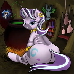 Size: 1920x1920 | Tagged: safe, artist:khaki-cap, imported from derpibooru, starlight glimmer, zecora, oc, oc:khaki-cap, oc:voodoo charms, earth pony, hutt, hybrid, pony, unicorn, zebra, among us, background pony, blood, butt, cauldron, commissioner:bigonionbean, cutie mark, earth pony oc, easter egg, easter egg (media), flank, flask, fusion, fusion:starlight glimmer, fusion:voodoo charms, fusion:zecora, happy, horn, horny, hut, kinky, large butt, mask, nosebleed, peeping tom, plot, star wars, suspicious, the ass was fat, thicc ass, unicorn oc, writer:bigonionbean, zebra oc, zecora's hut