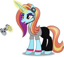 Size: 4411x3916 | Tagged: safe, artist:anime-equestria, imported from derpibooru, sassy saddles, pony, unicorn, clothes, controller, eyeshadow, female, gamer, headset, horn, levitation, magic, makeup, mare, sassy gamer, simple background, solo, telekinesis, transparent background, vector, wristband