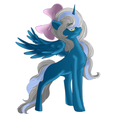 Size: 1024x1024 | Tagged: safe, artist:sakimiaji, imported from derpibooru, oc, oc only, oc:fleurbelle, alicorn, pony, adorabelle, alicorn oc, bow, cute, female, gift art, hair bow, horn, mare, ocbetes, simple background, smiling, solo, transparent background, wings, yellow eyes