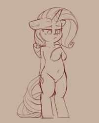 Size: 1126x1393 | Tagged: safe, artist:yoditax, imported from derpibooru, rarity, semi-anthro, unicorn, belly button, bipedal, floppy ears, lidded eyes, monochrome, solo