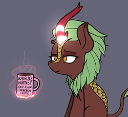 Size: 1349x1243 | Tagged: safe, artist:pinkberry, imported from derpibooru, cinder glow, summer flare, kirin, coffee, coffee mug, female, fire, glowing horn, horn, magic, mug, nirik fire, sleepy, solo, tired