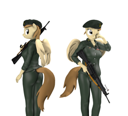 Size: 2169x1980 | Tagged: safe, artist:spinostud, imported from derpibooru, oc, oc:coffe, anthro, assault rifle, beret, clothes, gun, hat, looking over shoulder, military, military uniform, pants, rifle, shirt, standing, weapon