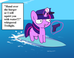 Size: 1280x992 | Tagged: safe, artist:vultraz, edit, imported from derpibooru, twilight sparkle, pony, unicorn, sparkles! the wonder horse!, female, grin, gun, handgun, hat, magic, ocean, pistol, police, police hat, smiling, solo, surfing, telekinesis, unicorn twilight, water, weapon