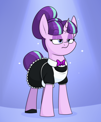 Size: 1400x1700 | Tagged: safe, artist:moonatik, imported from derpibooru, starlight glimmer, pony, unicorn, alternate hairstyle, apron, bowtie, clothes, dress, eyeshadow, female, hair bun, lights, maid, makeup, mane bun, mare, shoes, skirt, solo, starlight glimmer is not amused, tail bun, unamused