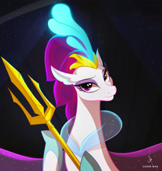 Size: 4195x4444 | Tagged: safe, artist:zidanemina, imported from derpibooru, queen novo, seapony (g4), my little pony: the movie, absurd resolution, beautiful, black background, collar, colored pupils, crown, digital art, eyelashes, eyeshadow, female, fins, glow, glowing, high res, jewelry, lidded eyes, logo, makeup, purple eyes, raised eyebrow, regalia, seaquestria, signature, simple background, smiling, solo, trident, underwater