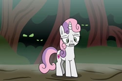 Size: 1280x854 | Tagged: safe, artist:platinumdrop, imported from derpibooru, sweetie belle, pony, everfree forest, lost, request, scared, solo