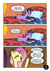 Size: 2894x4093 | Tagged: safe, artist:bonpikabon, imported from derpibooru, fluttershy, twilight sparkle, alicorn, pegasus, pony, comic:princess fluttershy, bed, blanket, book, comic, eyes closed, female, golden oaks library, knocking, mare, messy mane, open mouth, pillow, raised hoof, sweat, sweatdrop, sweatdrops, twilight is not amused, twilight sparkle (alicorn), twilight sparkle is not amused, unamused