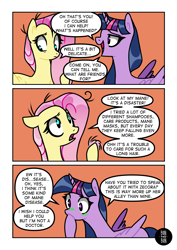 Size: 2894x4093 | Tagged: safe, artist:bonpikabon, imported from derpibooru, fluttershy, twilight sparkle, alicorn, pegasus, pony, comic:princess fluttershy, comic, disgusted, female, implied zecora, mare, messy mane, open mouth, raised hoof, sweat, sweatdrop, twilight sparkle (alicorn)