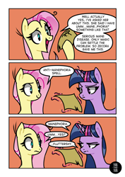 Size: 2894x4093 | Tagged: safe, artist:bonpikabon, imported from derpibooru, fluttershy, twilight sparkle, alicorn, pegasus, pony, comic:princess fluttershy, comic, female, glowing horn, horn, implied zecora, levitation, looking at each other, magic, mare, messy mane, open mouth, paper, raised hoof, sweat, sweatdrop, telekinesis, twilight is not amused, twilight sparkle (alicorn), twilight sparkle is not amused, unamused