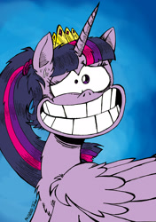 Size: 1597x2264 | Tagged: safe, artist:andreu-t, imported from derpibooru, twilight sparkle, alicorn, pony, my little pony: the movie, awkward, crown, faic, female, grin, jewelry, nervous, nervous grin, regalia, scene interpretation, smiling, smirk, solo, teeth, twilight sparkle (alicorn)