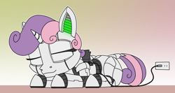 Size: 2000x1063 | Tagged: safe, artist:dacaoo, imported from derpibooru, sweetie belle, pony, robot, robot pony, unicorn, charging, cute, diasweetes, dock, eyes closed, female, filly, leonine tail, lying down, plug, prone, sleeping, smiling, solo, sweetie bot