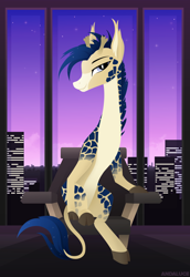 Size: 1724x2511 | Tagged: safe, artist:andaluce, imported from derpibooru, oc, oc only, oc:procerus, giraffe, city, cityscape, indoors, lineless, necc, sitting, solo