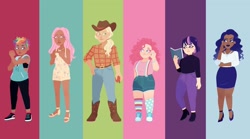 Size: 1280x712 | Tagged: safe, artist:mojothebrojo, imported from derpibooru, applejack, fluttershy, pinkie pie, rainbow dash, rarity, twilight sparkle, human, apple, blackwashing, book, boots, bracelet, clothes, converse, dark skin, ear piercing, earring, food, happy birthday mlp:fim, high heels, hoodie, humanized, jeans, jewelry, mane six, mlp fim's tenth anniversary, nail polish, necklace, pants, piercing, rainbow, sandals, shoes, short hair, short hair rainbow dash, shorts, sneakers, socks, sports bra, suspenders, sweater, tattoo, toenail polish, tumblr nose, turtleneck