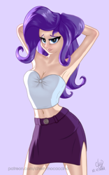 Size: 1200x1920 | Tagged: safe, artist:cherrymocaccino, artist:zuko42, imported from derpibooru, rarity, human, art pack:music album 'e.g.8 themes', equestria girls, arm behind head, armpits, belly button, breasts, busty rarity, cleavage, clothes, female, humanized, looking at you, miniskirt, skirt, solo