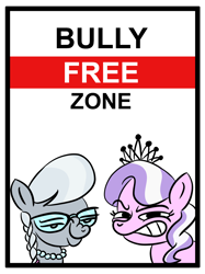 Size: 1000x1339 | Tagged: safe, artist:velgarn, imported from derpibooru, diamond tiara, silver spoon, earth pony, pony, /mlp/, bully, drawthread, duo, glasses, grin, jewelry, looking at you, mega smug, necklace, parody, requested art, sign, simple background, smiling, smug, snickering, tiara, white background