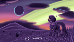 Size: 5120x2880 | Tagged: safe, artist:rockhoppr3, imported from derpibooru, alien, pony, astronaut, cloud, cloudy, crossover, grass, grass field, high res, no man's sky, planet, science fiction, spaceship, spacesuit