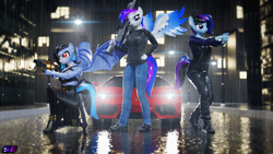 Size: 3840x2160 | Tagged: safe, artist:shadowboltsfm, imported from derpibooru, oc, oc:inkwell stylus, oc:maple cake, oc:midnight grave, anthro, bat pony, plantigrade anthro, 3d, 4k, bat pony oc, bat wings, blender, car, city, clothes, corset, gun, high heels, jeans, kneeling, lamborghini, lamborghini aventador, looking at you, nail polish, night, pants, rain, reflection, shoes, smiling, standing, wallpaper, weapon, wings