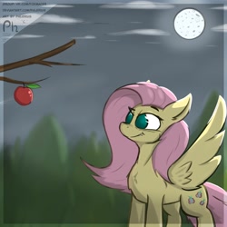 Size: 3000x3000 | Tagged: safe, artist:phlerius, imported from derpibooru, fluttershy, bat pony, pony, undead, vampire, apple, bat ponified, digital art, fangs, flutterbat, food, full moon, moon, my little pony, night, race swap, solo, tree branch