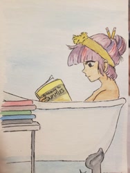 Size: 756x1008 | Tagged: safe, artist:officiallemonpi, imported from derpibooru, twilight sparkle, human, alternate hairstyle, bath, book, bust, for dummies, hair bun, headband, humanized, profile, reading, solo, traditional art