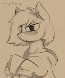 Size: 2600x3100 | Tagged: safe, artist:phlerius, imported from derpibooru, pony, black and white, book, clothes, digital art, filter, glasses, grayscale, hoodie, monochrome, reading, shirt, sketch, solo