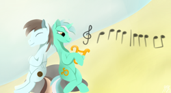 Size: 1980x1080 | Tagged: safe, artist:matyas451, imported from derpibooru, lyra heartstrings, oc, oc:sweet cookie, pegasus, pony, unicorn, beach, duo, female, lyre, male, mare, music notes, musical instrument, song reference, stallion