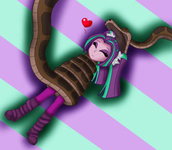 Size: 1823x1597 | Tagged: safe, artist:jerrydestrtoyer, imported from derpibooru, aria blaze, snake, equestria girls, clothes, coils, crossover, duo, eyes closed, female, floating heart, heart, imminent vore, kaa, male, open mouth, shoes, smiling, the jungle book, wrapped up