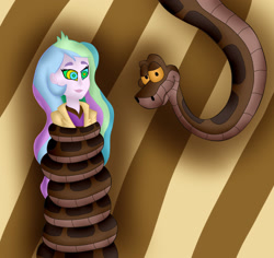 Size: 1799x1696 | Tagged: safe, artist:jerrydestrtoyer, imported from derpibooru, princess celestia, reptile, snake, equestria girls, abstract background, clothes, coils, crossover, duo, female, hypnosis, hypnotized, kaa, kaa eyes, kaa hypnotism paraphilia, male, mind control, principal celestia, the jungle book, wrapped up