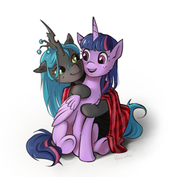 Size: 1047x1080 | Tagged: safe, artist:vyazinrei, imported from derpibooru, queen chrysalis, twilight sparkle, alicorn, changeling, changeling queen, a better ending for chrysalis, cute, cutealis, duo, female, hug, simple background, twiabetes, twilight sparkle (alicorn), white background