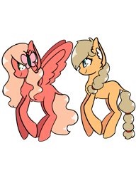 Size: 1381x1800 | Tagged: safe, artist:unikitty66, imported from derpibooru, oc, earth pony, pegasus, pony, blank flank, cousins, earth pony oc, female, offspring, parent:applejack, parent:big macintosh, parent:caramel, parent:fluttershy, parents:carajack, parents:fluttermac, pegasus oc, simple background, transparent background, wings