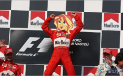 Size: 720x445 | Tagged: safe, imported from derpibooru, sunset shimmer, human, equestria girls, 1000 years in photoshop, bad photomanip, ciggarette, ferrari, formula 1, happy, low quality, marlboro, solo, winner, you tried