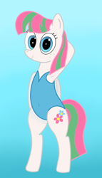 Size: 2310x4032 | Tagged: safe, artist:rainbowšpekgs, imported from derpibooru, blossomforth, pegasus, pony, semi-anthro, arm behind head, armpits, bipedal, blue swimsuit, clothes, cute, female, looking at you, one-piece swimsuit, simple background, smiling, solo, standing, swimsuit, wings