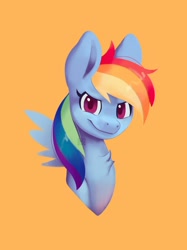 Size: 1024x1366 | Tagged: safe, artist:kusoazi, imported from derpibooru, rainbow dash, pegasus, pony, bust, chest fluff, female, high res, looking at you, mare, orange background, portrait, simple background, solo