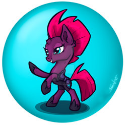 Size: 1280x1280 | Tagged: safe, artist:safizejaart, imported from derpibooru, tempest shadow, pony, unicorn, armor, broken horn, deviantart watermark, female, hoof shoes, horn, lidded eyes, mare, obtrusive watermark, rearing, signature, smiling, solo, watermark