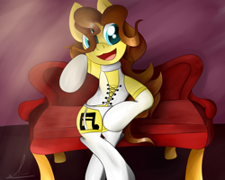 Size: 3100x2484 | Tagged: safe, artist:almaustral, imported from derpibooru, oc, oc only, oc:billy rose, pegasus, semi-anthro, couch, female, open mouth, pegasus oc, sitting, smiling, wings