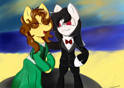 Size: 3100x2200 | Tagged: safe, artist:almaustral, imported from derpibooru, oc, oc only, oc:billy rose, oc:lighting wind, pegasus, semi-anthro, bowtie, clothes, dress, eyes closed, female, male, open mouth, pegasus oc, smiling, straight, suit, wedding dress, wings