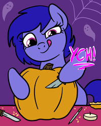 Size: 1536x1928 | Tagged: safe, artist:lannielona, imported from derpibooru, ghost, pony, undead, advertisement, candle, carving, commission, female, halloween, holiday, knife, mare, nightmare night, pumpkin, pumpkin carving, seeds, solo, spider web, tongue out, your character here