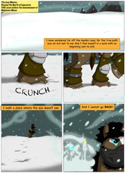 Size: 1755x2400 | Tagged: safe, artist:cactuscowboydan, imported from derpibooru, oc, unicorn, comic:mlp:outcasted, comic:outcasted, comic, fancomic, snow, story included, text, winter
