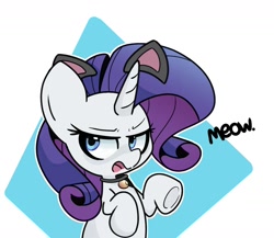 Size: 1606x1396 | Tagged: safe, artist:kindakismet, imported from derpibooru, rarity, pony, unicorn, abstract background, bell, bell collar, bust, cat ears, collar, cute, female, mare, open mouth, raribetes, raricat, rarity is not amused, simple background, solo, unamused, white background