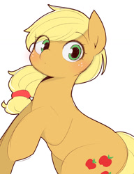 Size: 1023x1329 | Tagged: safe, artist:manachaaaaaaaa, imported from derpibooru, applejack, earth pony, pony, cute, female, hatless, jackabetes, looking at you, mare, missing accessory, pixiv, simple background, solo, white background