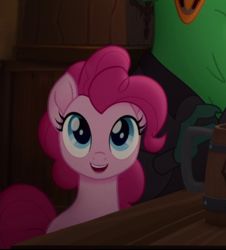 Size: 421x465 | Tagged: safe, imported from derpibooru, screencap, pinkie pie, bird, earth pony, parrot, pony, my little pony: the movie, cropped, eyelashes, female, missing, pirate, time to be awesome