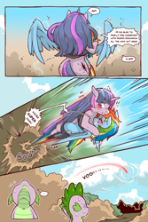Size: 960x1440 | Tagged: safe, artist:cold-blooded-twilight, imported from derpibooru, rainbow dash, spike, twilight sparkle, dragon, pegasus, unicorn, cold blooded twilight, comic:cold storm, blushing, clothes, cloud, cloudy, comic, dialogue, electricity, eyes closed, flying, hug, leggings, looking up, magic, smiling, speech bubble, speed lines, sweat, take off, unicorn twilight