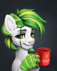 Size: 1728x2160 | Tagged: safe, artist:inowiseei, imported from derpibooru, oc, oc only, oc:white night, incubus, pony, bust, cup, looking at you, portrait, simple background, solo, suddenly hands, teacup