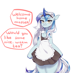 Size: 3000x3000 | Tagged: safe, artist:reesoochan, imported from derpibooru, oc, oc only, oc:saphir glitzern, semi-anthro, unicorn, clothes, colored hooves, crossdressing, horn, maid, male, master, simple background, solo, talking, unicorn oc, white background