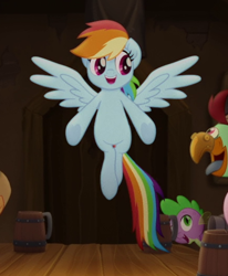 Size: 436x529 | Tagged: safe, imported from derpibooru, screencap, rainbow dash, spike, bird, earth pony, parrot, pony, cropped, female, male, mare, open mouth, pirate, spread wings, time to be awesome, wings