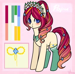 Size: 2186x2160 | Tagged: safe, imported from derpibooru, oc, oc only, earth pony, pony, blushing, clothes, earth pony oc, floral head wreath, flower, reference sheet, socks, solo