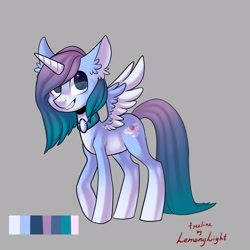 Size: 2160x2160 | Tagged: safe, imported from derpibooru, oc, oc only, alicorn, pony, alicorn oc, base used, collar, cutie mark, ear fluff, gray background, grin, horn, reference sheet, simple background, smiling, solo, two toned wings, wings