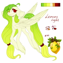 Size: 2160x2160 | Tagged: safe, artist:helemaranth, imported from derpibooru, oc, oc only, oc:lemony light, pegasus, pony, ethereal mane, eye clipping through hair, female, food, heterochromia, hoof fluff, lemon, mare, pegasus oc, reference sheet, smiling, solo, starry mane, wings