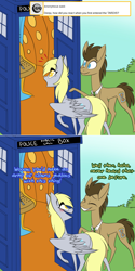 Size: 750x1502 | Tagged: safe, artist:vea-v, imported from derpibooru, derpy hooves, doctor whooves, time turner, earth pony, pegasus, pony, lovestruck derpy, doctor who, male, stallion, tardis, tardis console room, tardis control room, the doctor