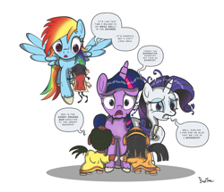 Size: 1582x1360 | Tagged: safe, artist:perfectblue97, imported from derpibooru, rainbow dash, rarity, twilight sparkle, pegasus, unicorn, female, filly, mare, messy mane, mouthpiece, open mouth, politics, propaganda, speech bubble, unicorn twilight